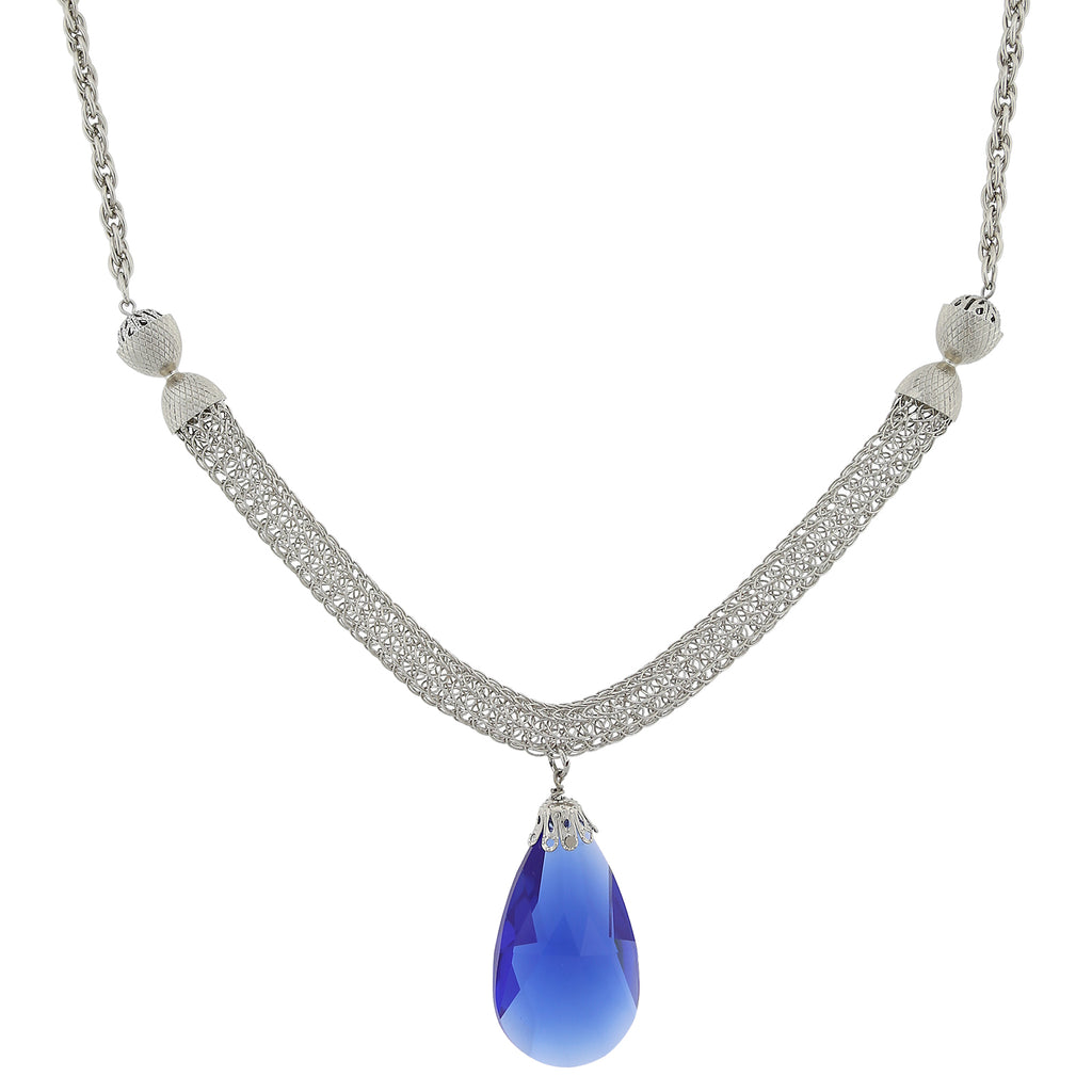 Silver Tone Mesh Chain And Large Blue Teardrop Pendant Necklace