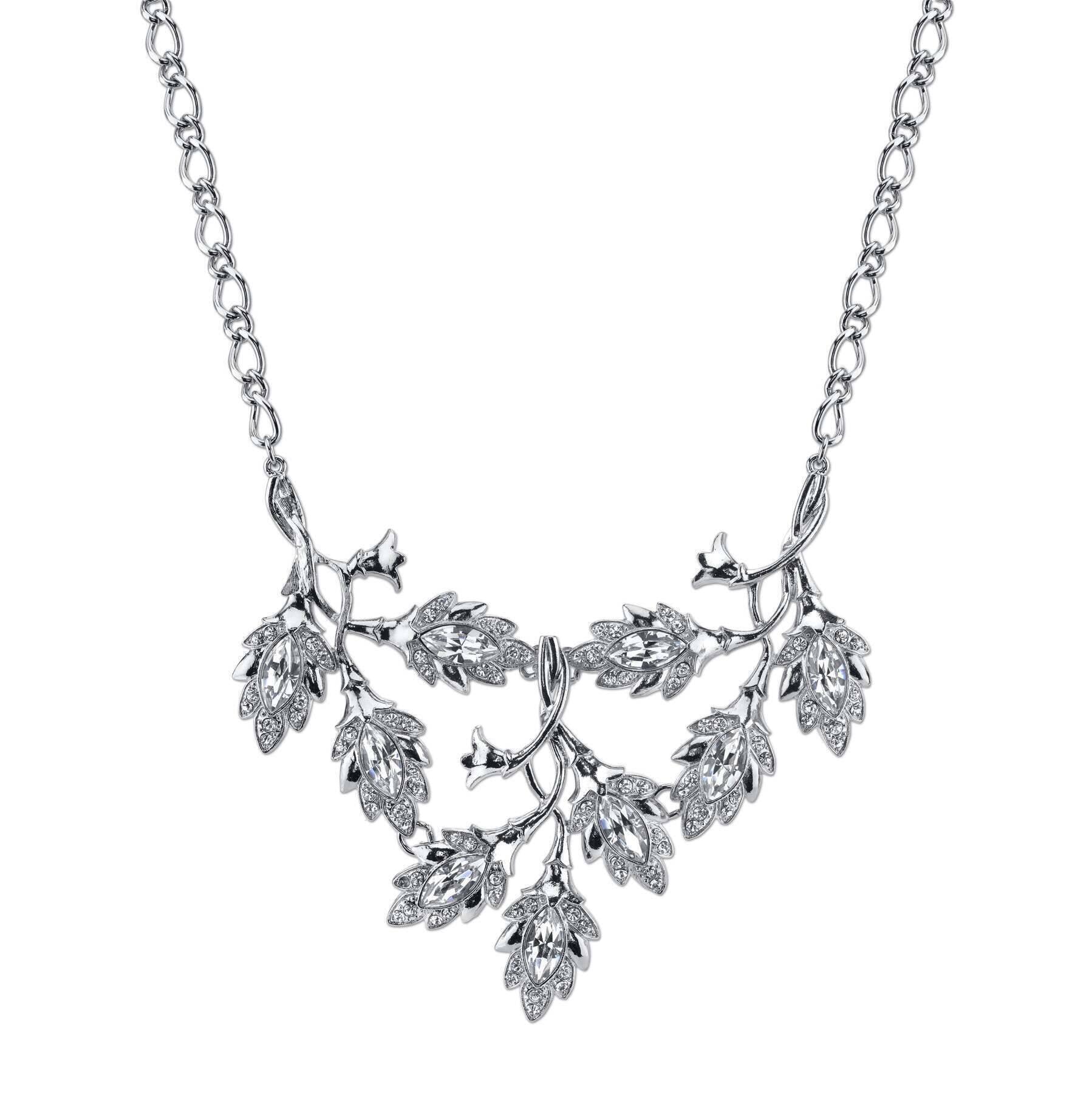 2028 Jewelry Genuine Austrian Crystal Navette Vine Leaf Bib Necklace 16" + 3" Extender