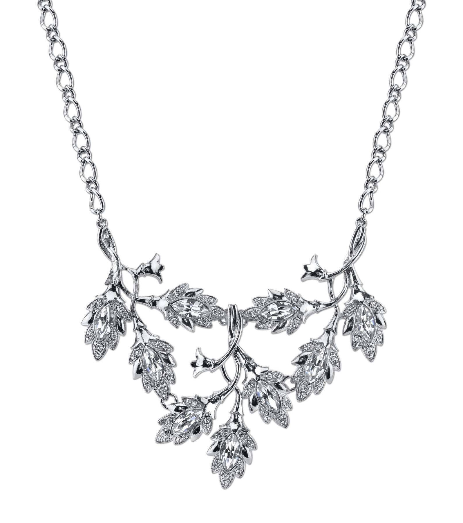 2028 Jewelry Genuine Austrian Crystal Navette Vine Leaf Bib Necklace 16" + 3" Extender