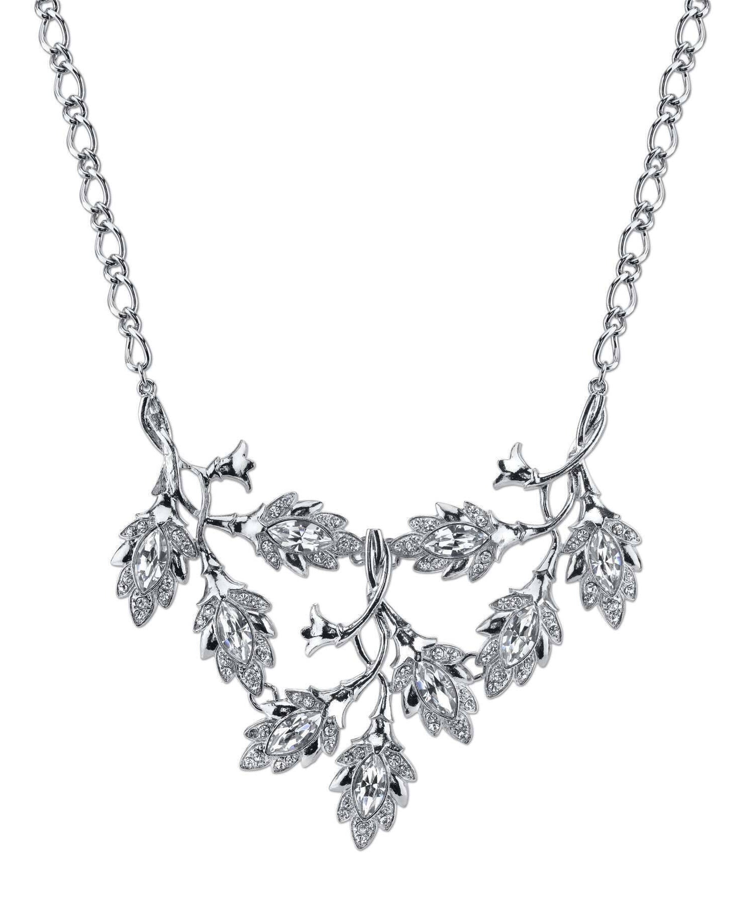 2028 Jewelry Genuine Austrian Crystal Navette Vine Leaf Bib Necklace 16" + 3" Extender