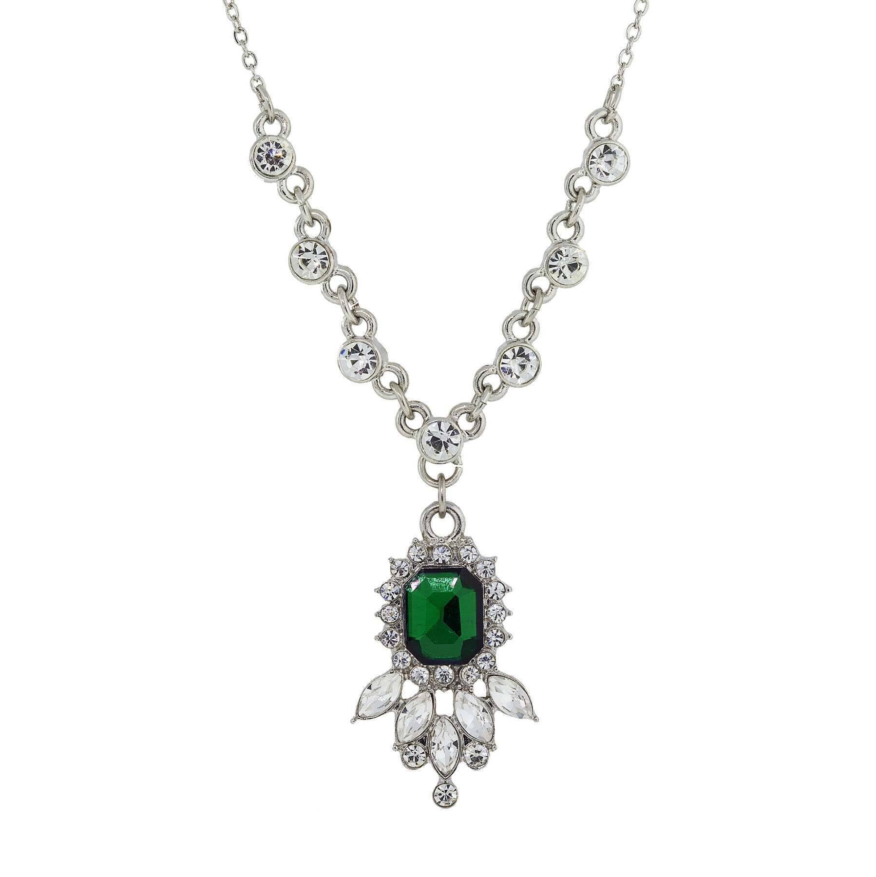 1928 Jewelry Green And Crystal Pendant Necklace 16" + 3" Extender