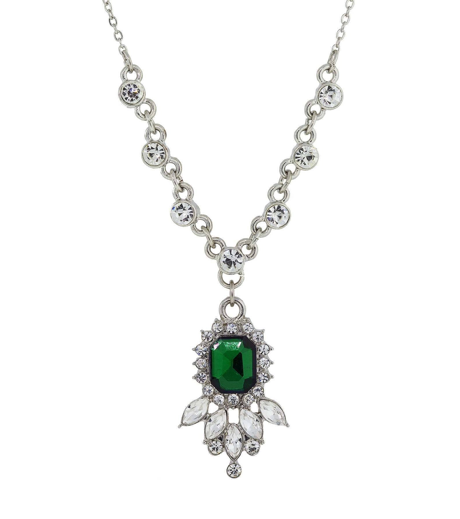 1928 Jewelry Green And Crystal Pendant Necklace 16" + 3" Extender