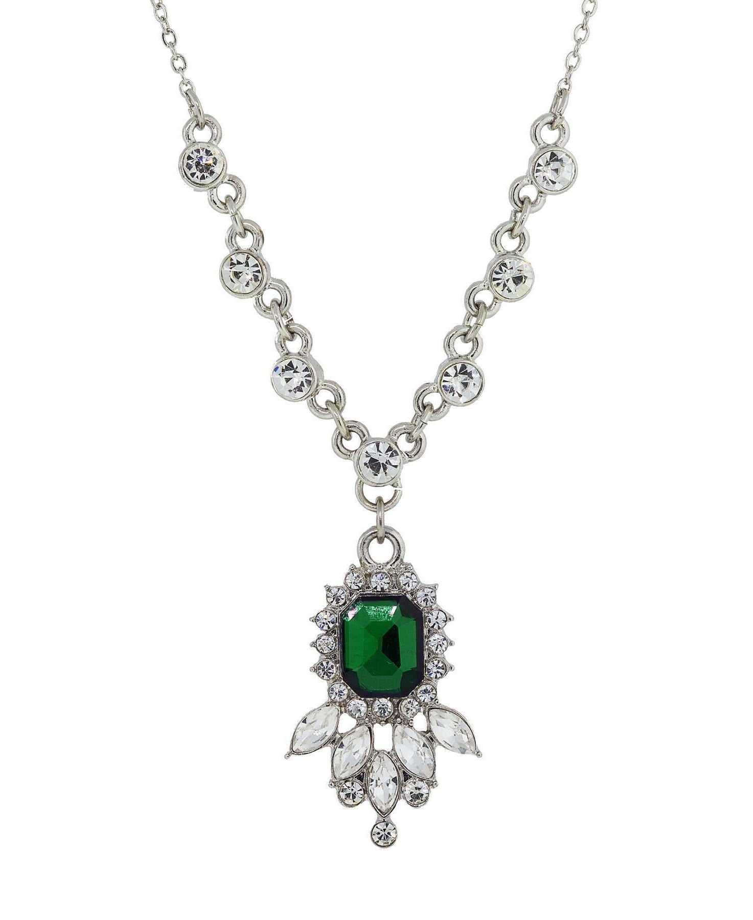 1928 Jewelry Green And Crystal Pendant Necklace 16" + 3" Extender