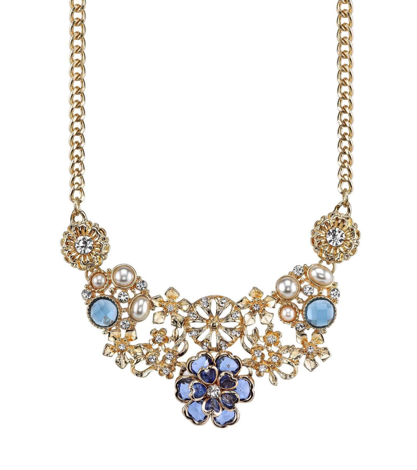 2028 Jewelry Blue With Clear Crystal And Faux Pearl Flower Bib Necklace 16" + 3" Extender