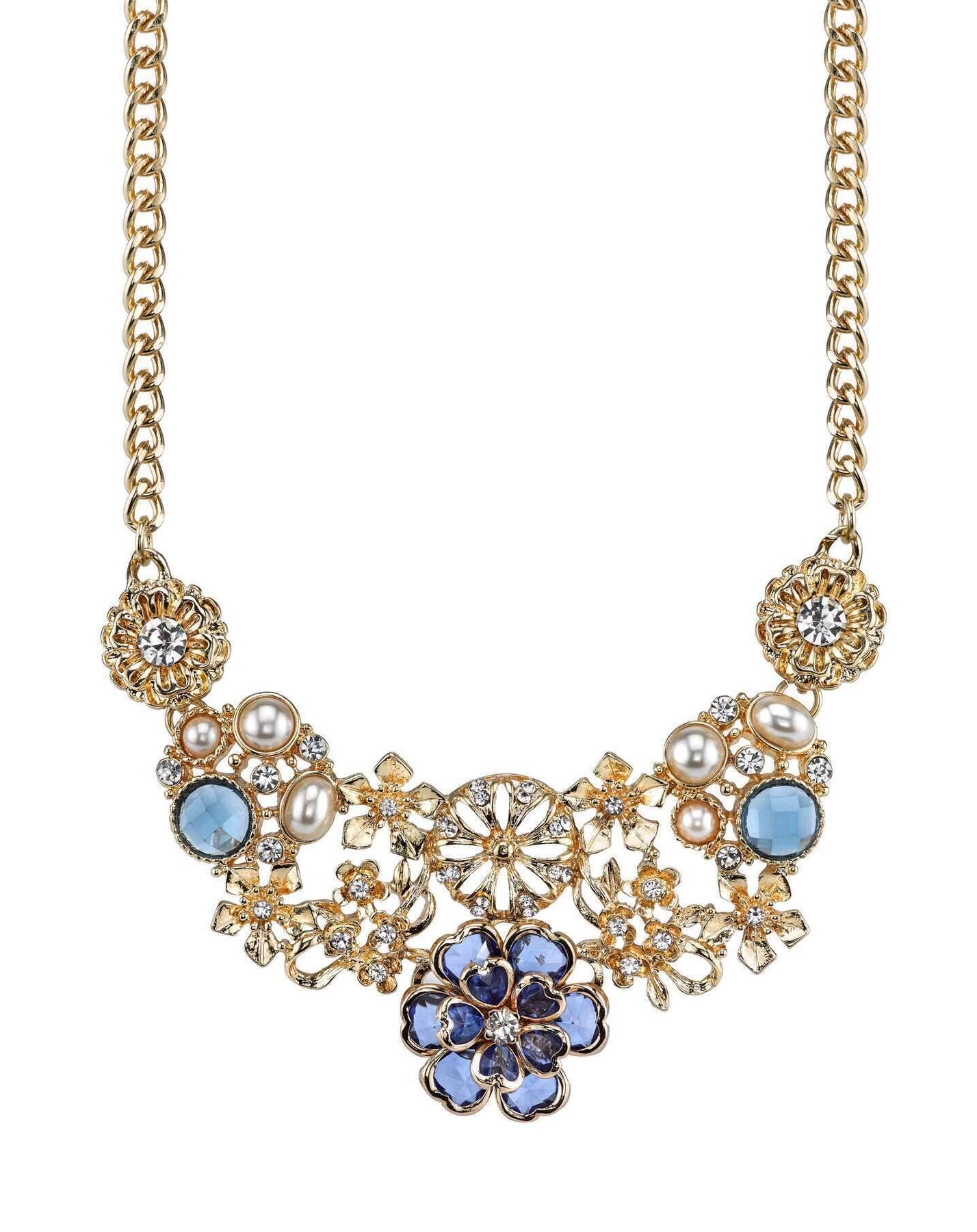 2028 Jewelry Blue With Clear Crystal And Faux Pearl Flower Bib Necklace 16" + 3" Extender