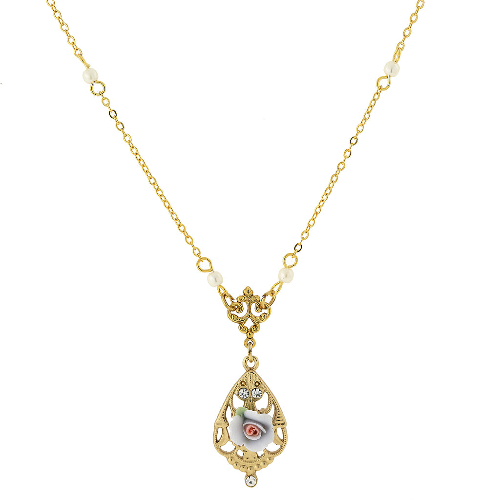 14K Gold Dipped Porcelain Rose With Crystal Accent Necklace 17" Light Blue