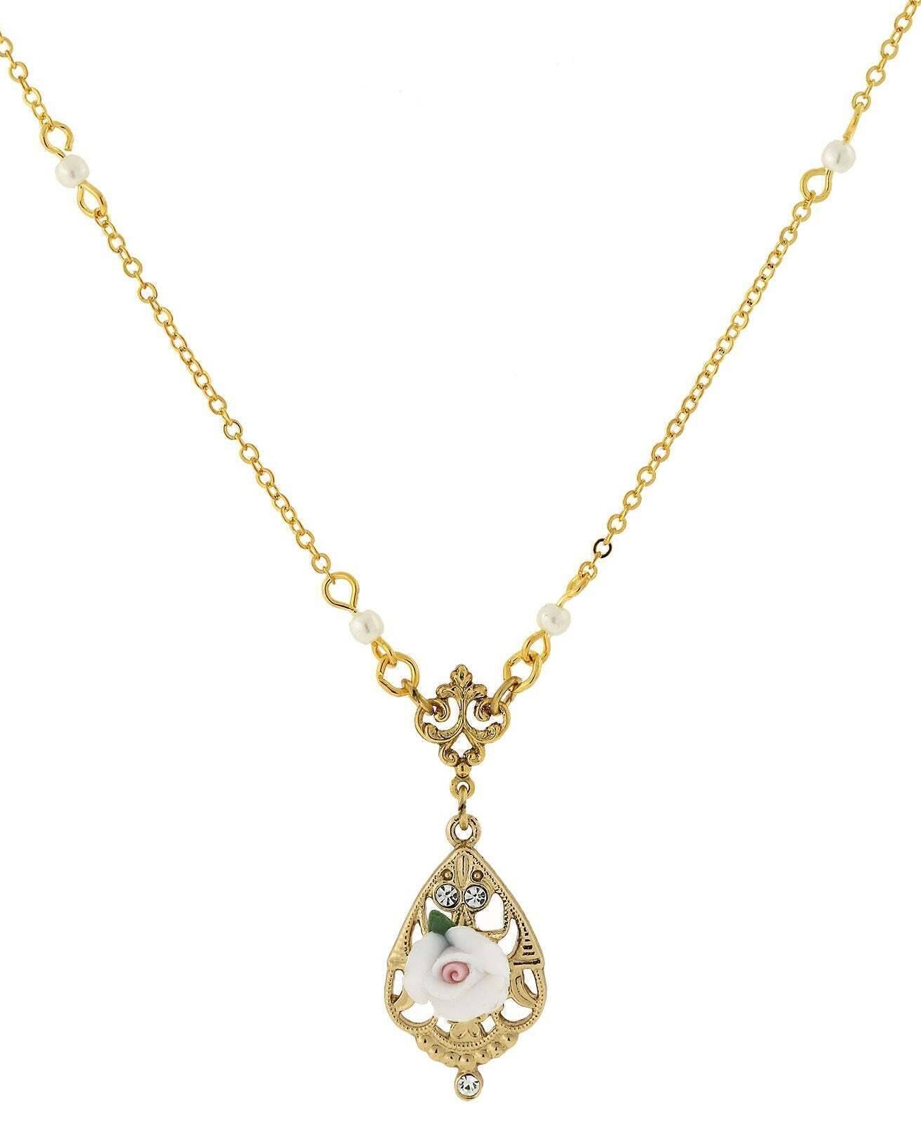 1928 Jewelry Porcelain Rose With Crystal Accent Pendant Necklace 17"