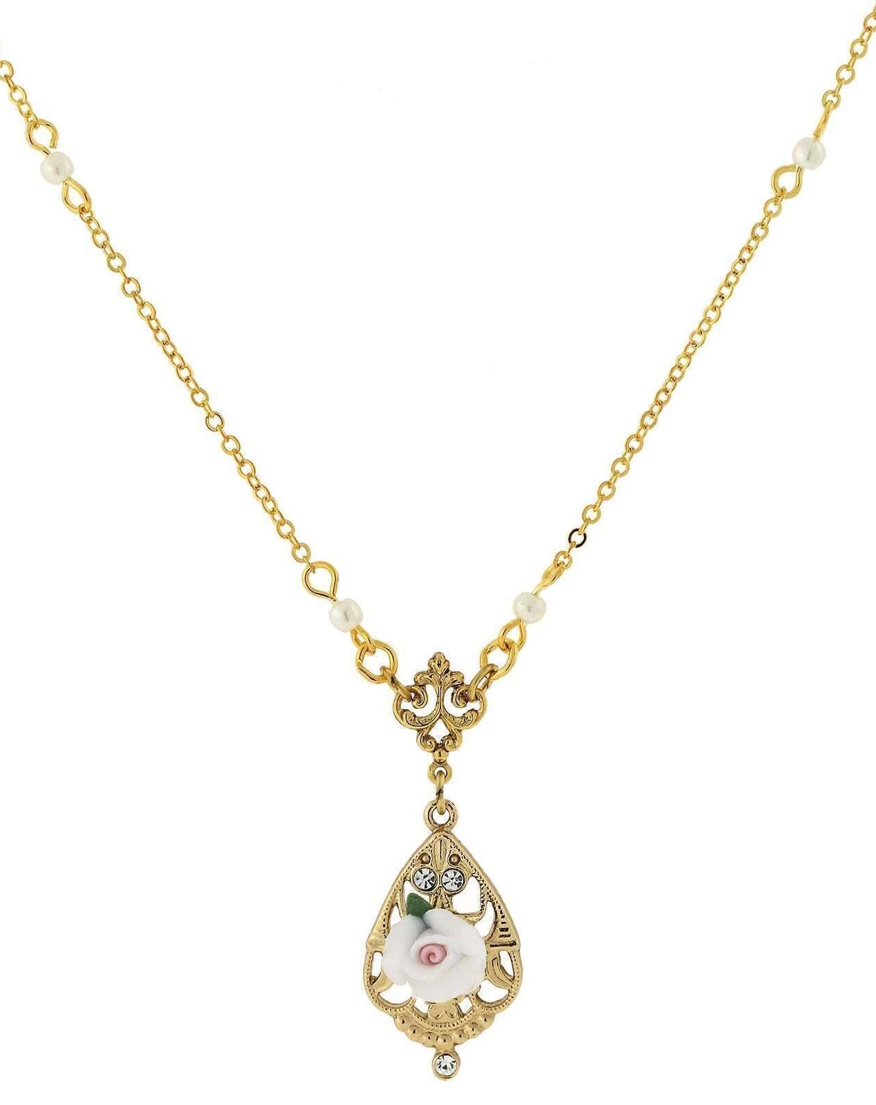 1928 Jewelry Porcelain Rose With Crystal Accent Pendant Necklace 17"