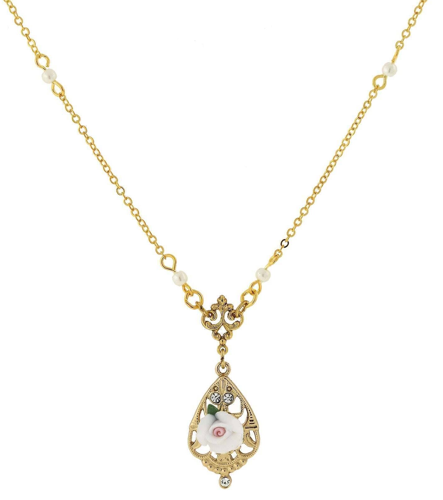 1928 Jewelry Porcelain Rose With Crystal Accent Pendant Necklace 17"