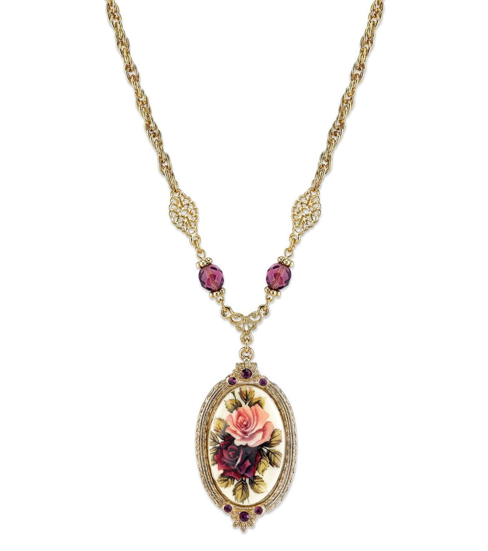 1928 Jewelry Manor House Rose Pendant Amethyst Crystal Pendant Necklace 16" + 3" Extender