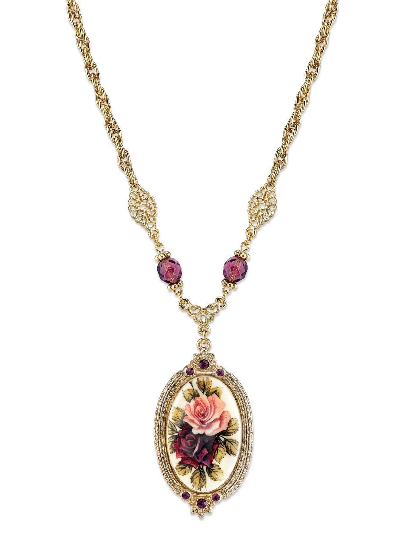 1928 Jewelry Manor House Rose Pendant Amethyst Crystal Pendant Necklace 16" + 3" Extender