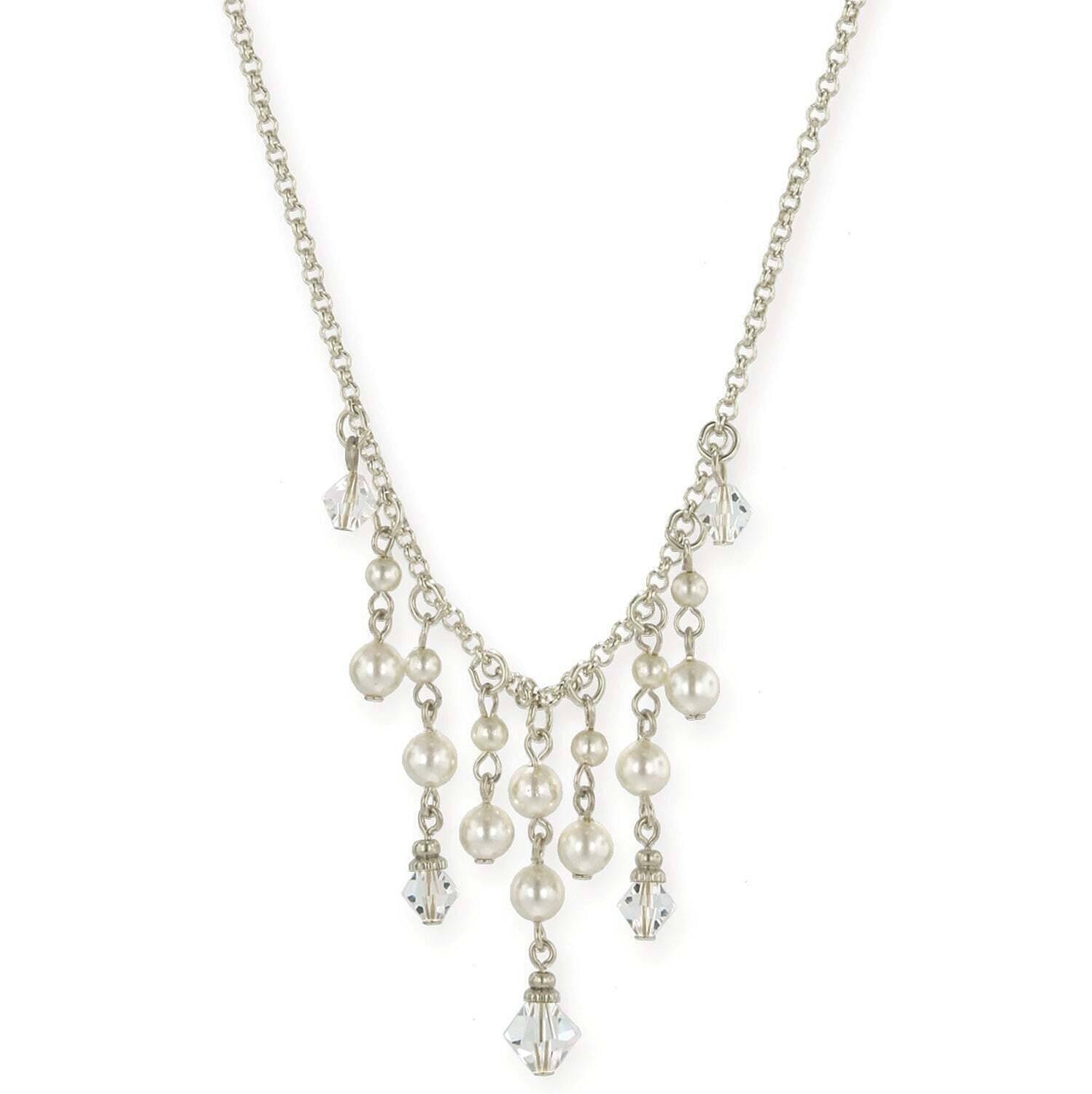 1928 Jewelry Faux Pearl And Crystal Bib Necklace 15" + 3" Extender