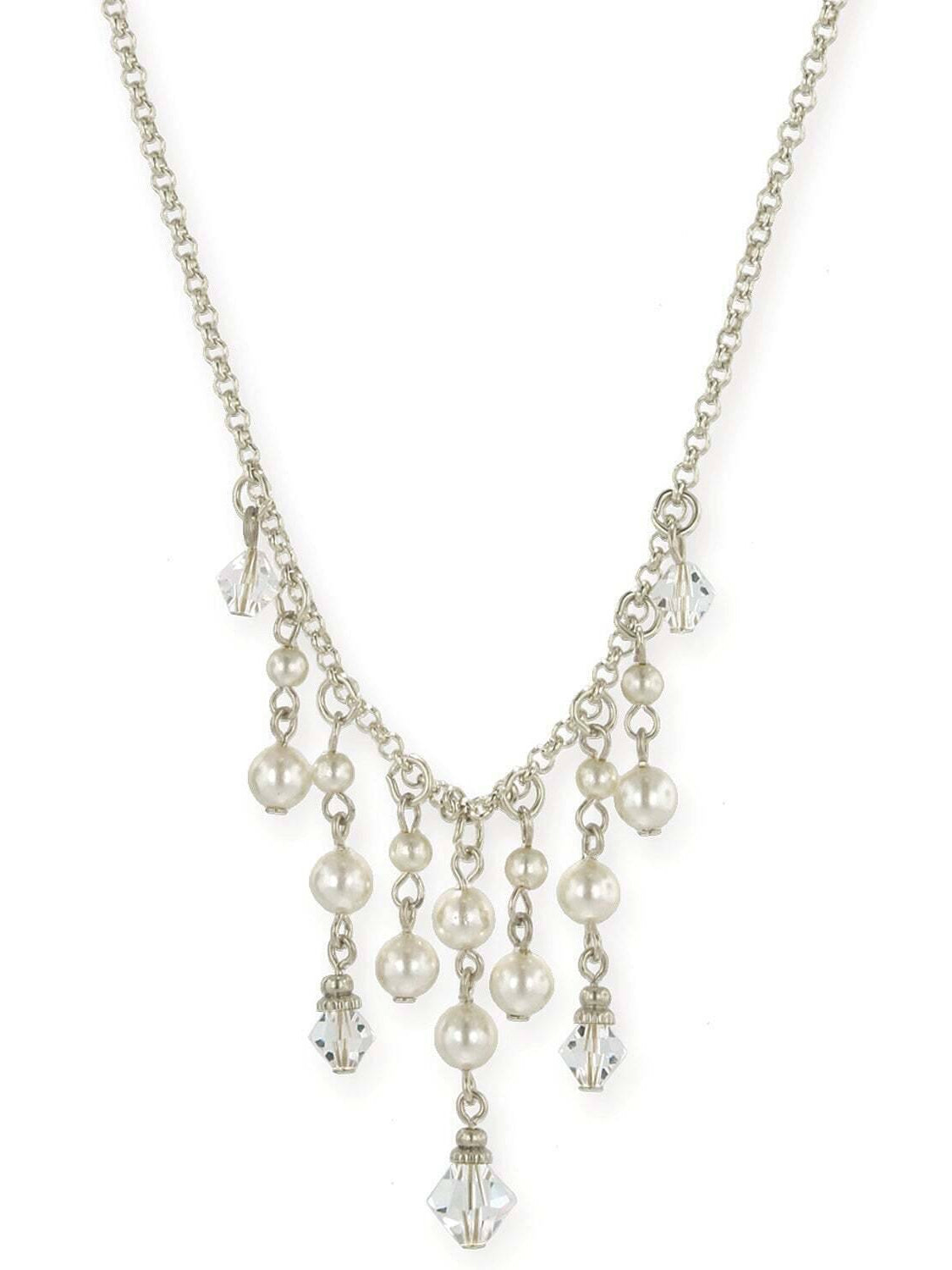 1928 Jewelry Faux Pearl And Crystal Bib Necklace 15" + 3" Extender