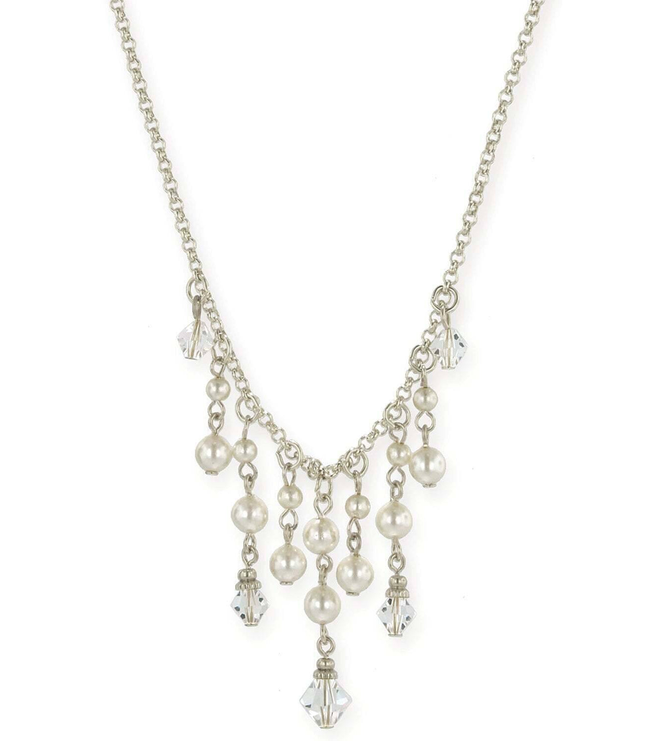 1928 Jewelry Faux Pearl And Crystal Bib Necklace 15" + 3" Extender