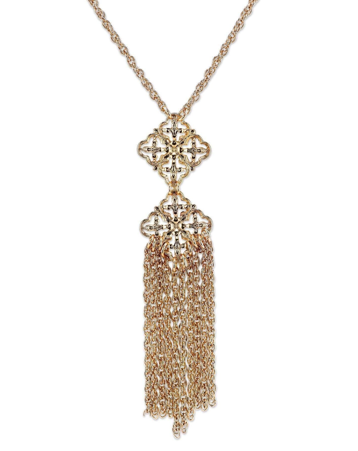 2028 Jewelry Gold Tassel Fringe Fleur De Lis Necklace 18"