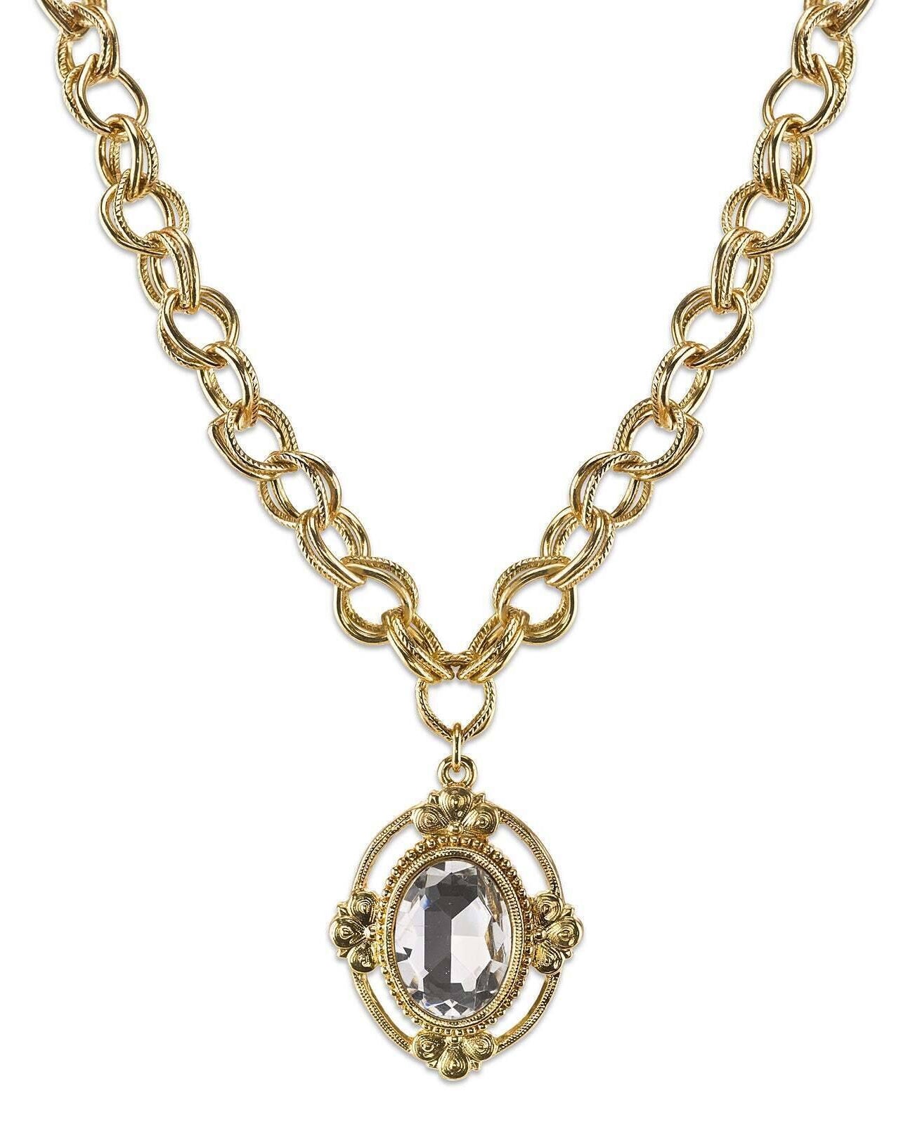 1928 Jewelry Crystal Faceted Oval Pendant Necklace 16" + 3" Extender