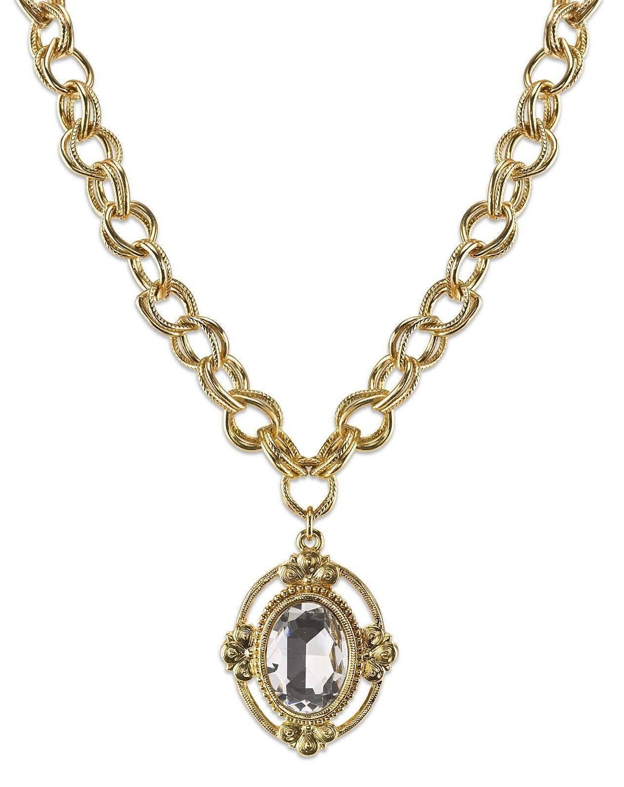 1928 Jewelry Crystal Faceted Oval Pendant Necklace 16" + 3" Extender