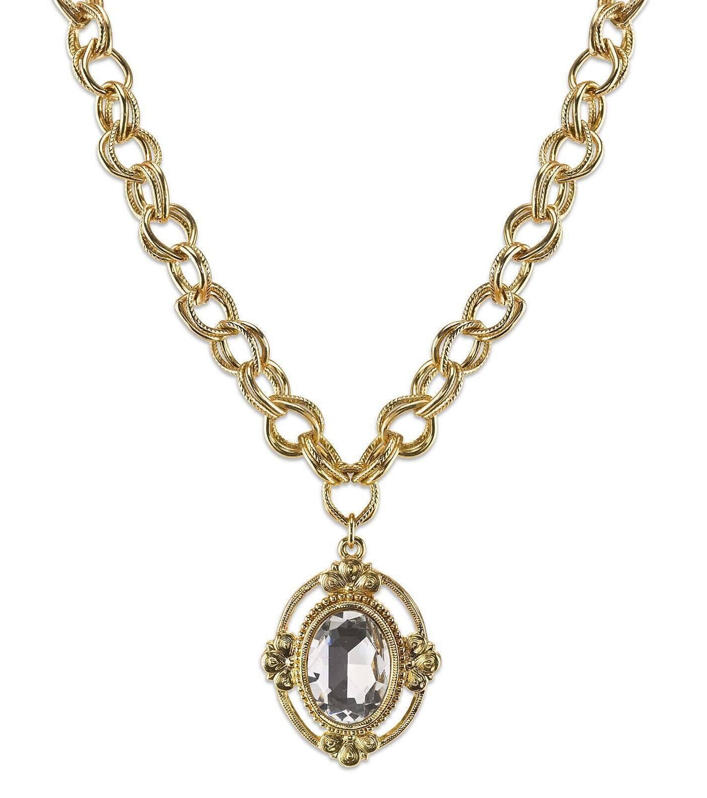 1928 Jewelry Crystal Faceted Oval Pendant Necklace 16" + 3" Extender