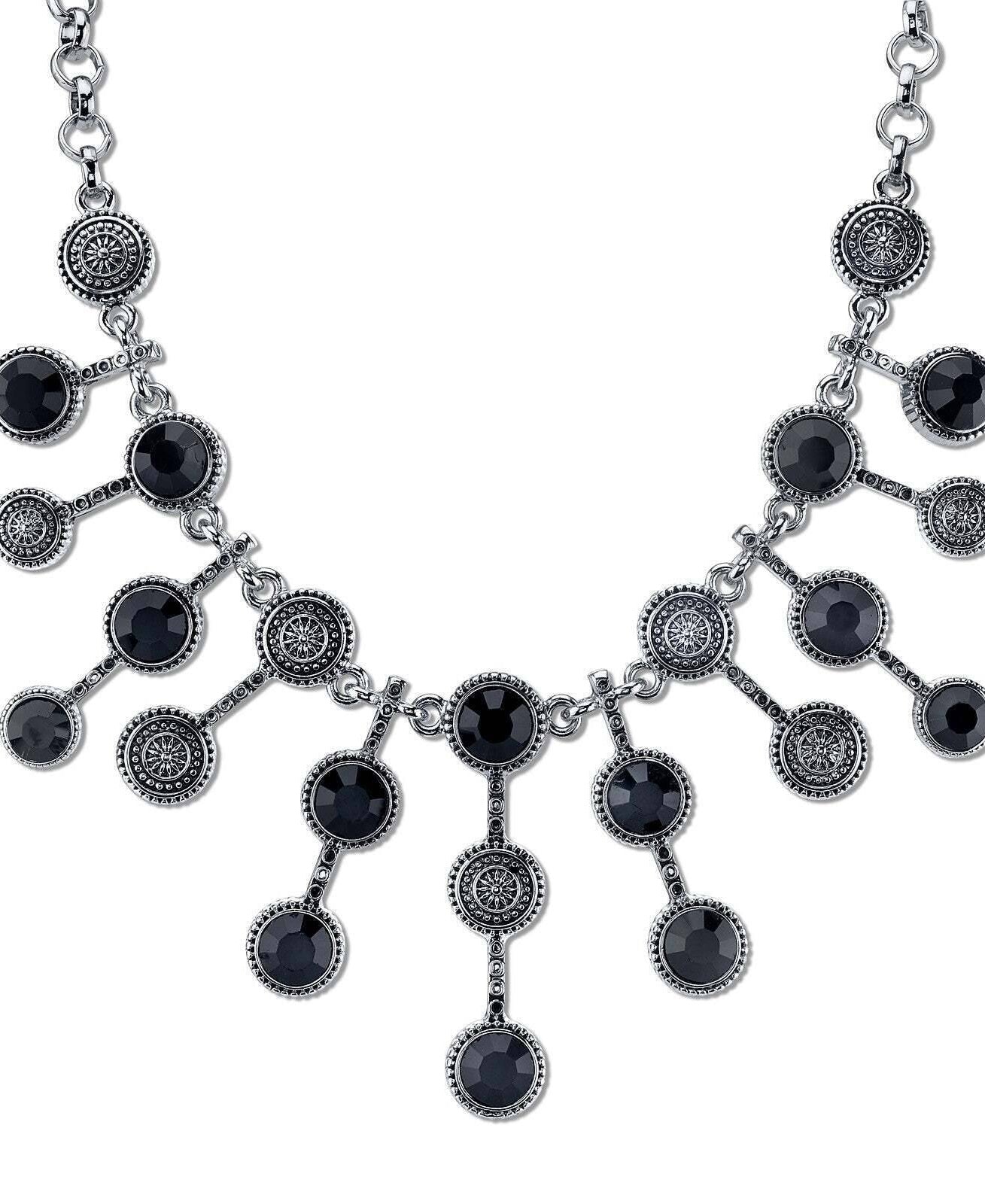2028 Jewelry Mid Century Inspired Sunburst Glass Black Stone Bib Necklace 16" + 3" Extender