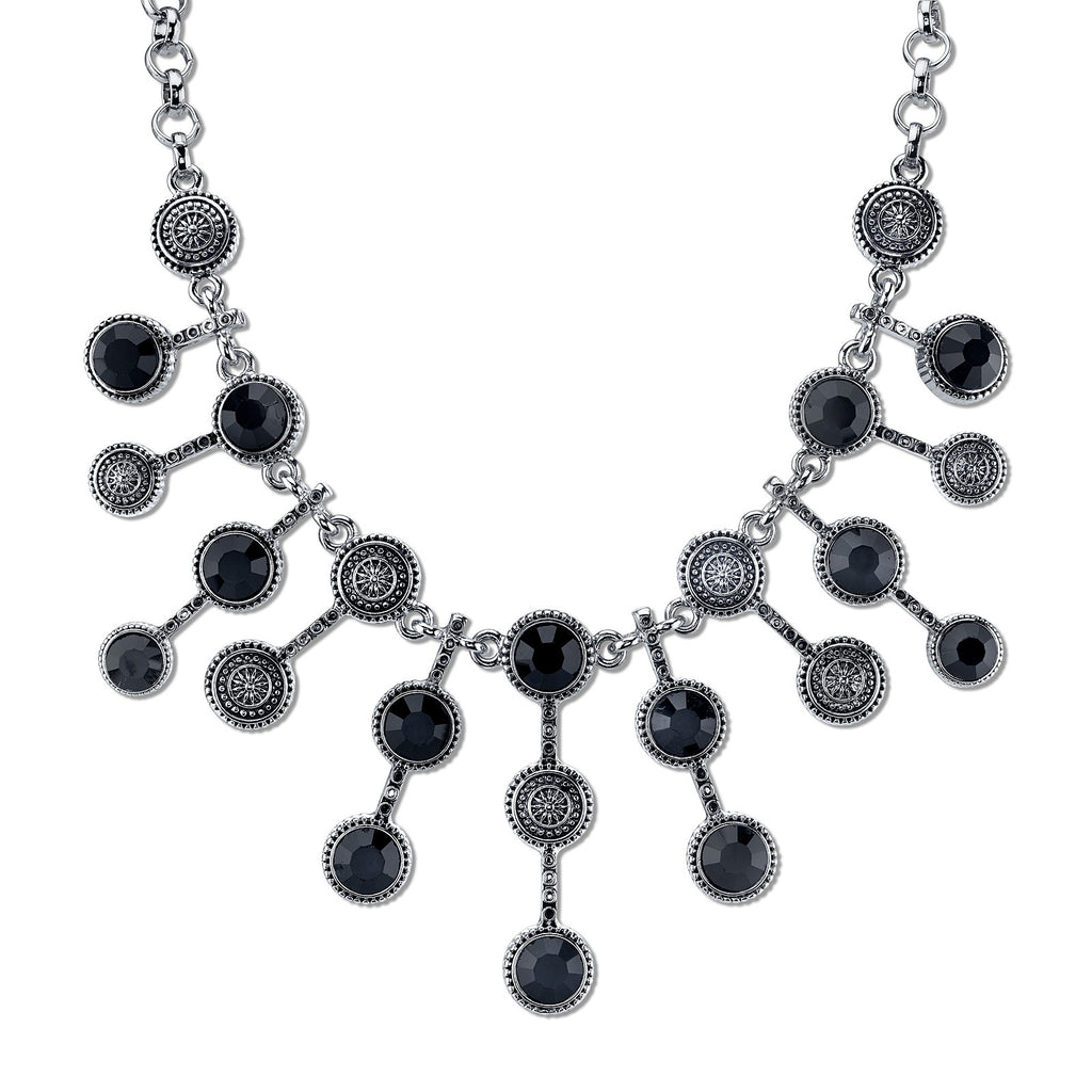Mid Century Inspired Sunburst Glass Black Stone Bib Necklace 16   19 Inch Adjustable