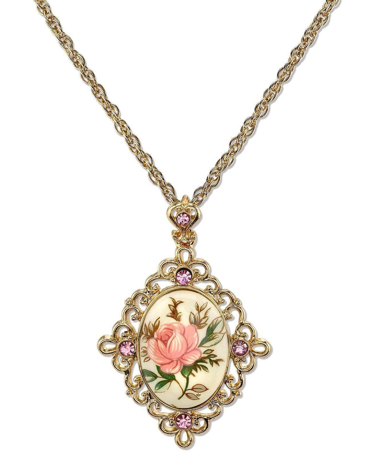 1928 Jewelry Ivory Color Floral Decal Crystal Accent Pendant Necklace 16" + 3" Extender