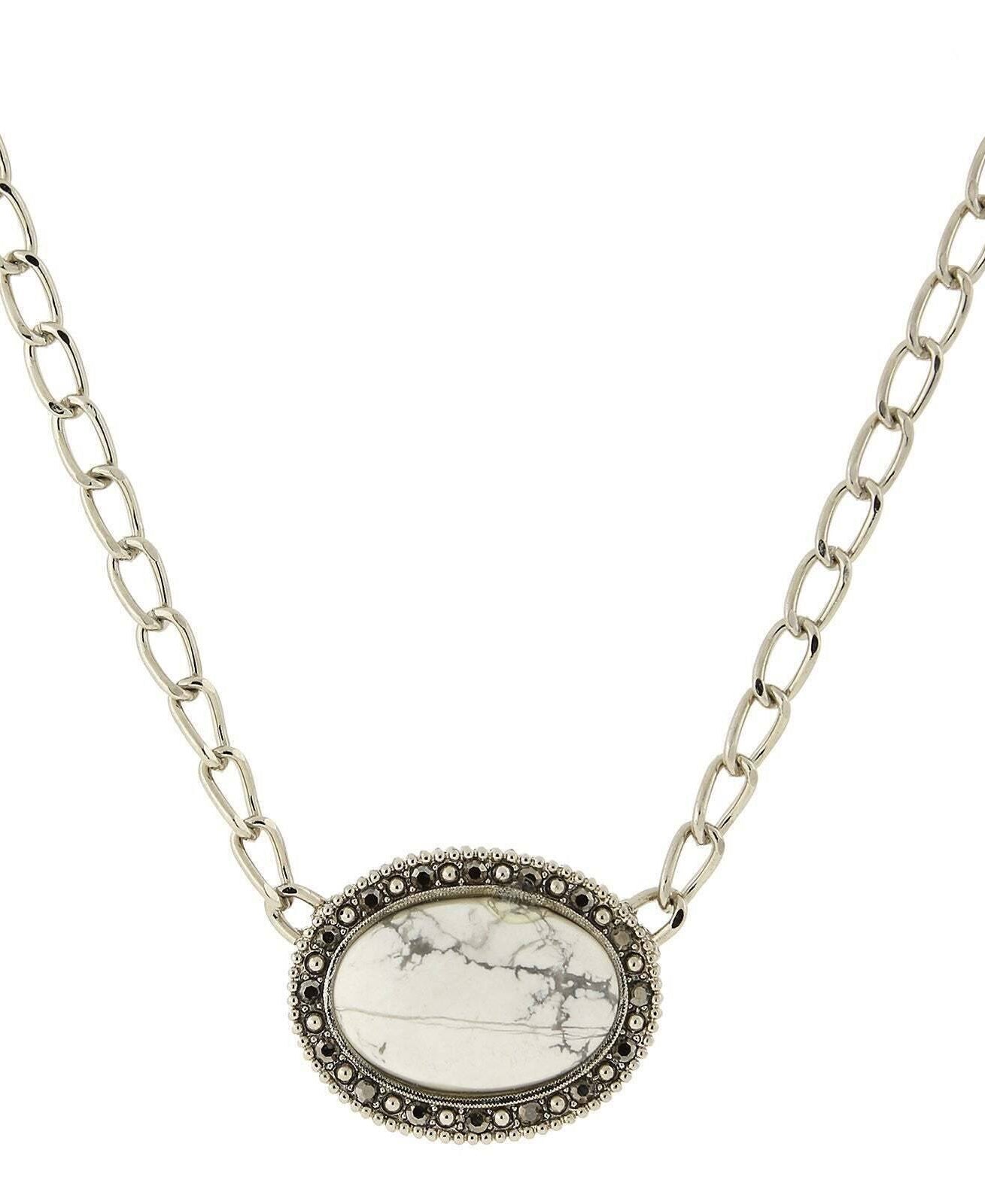 2028 Jewelry Gemstone White Howlite And Hematite Pendant Necklace 16"