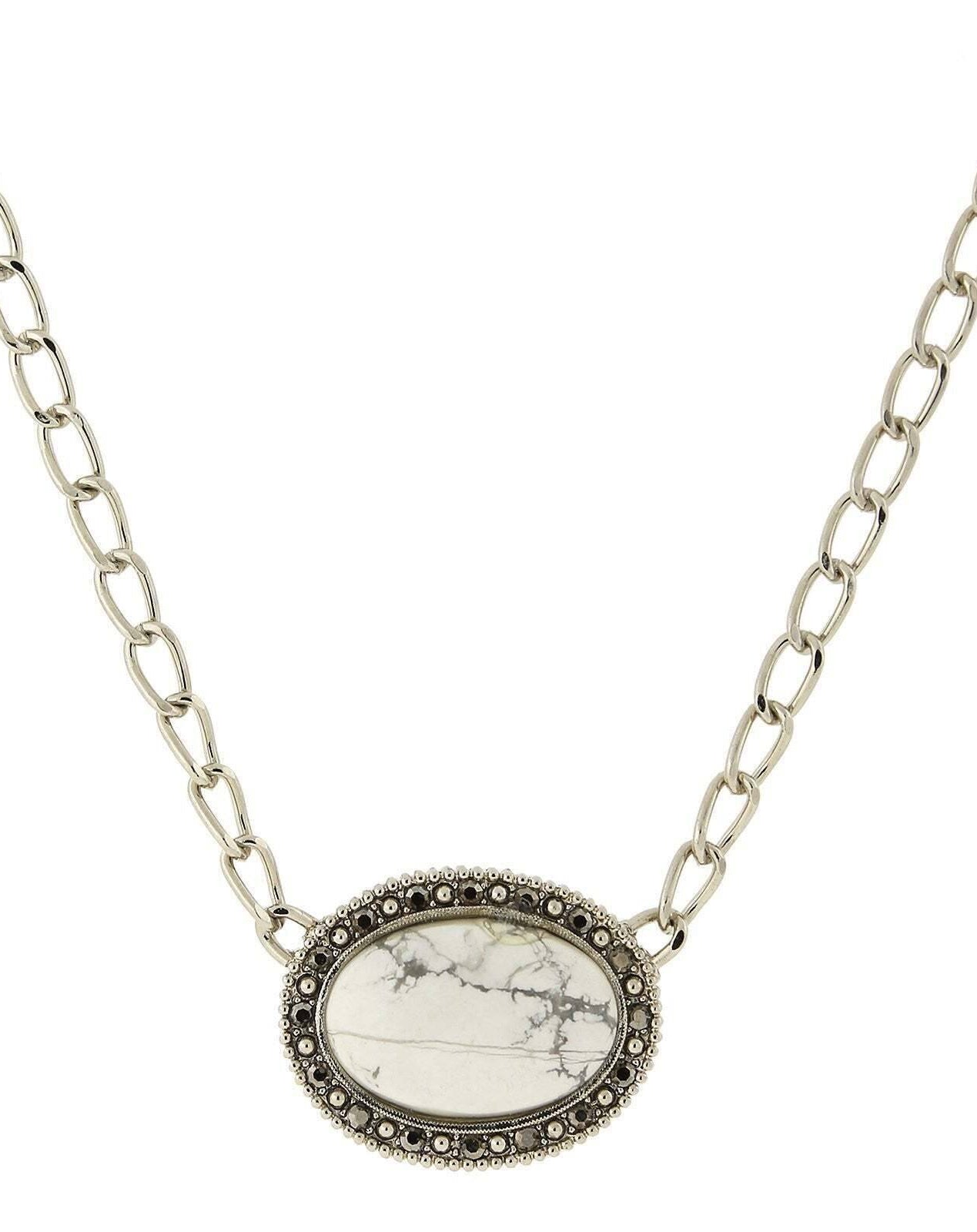 2028 Jewelry Gemstone White Howlite And Hematite Pendant Necklace 16"