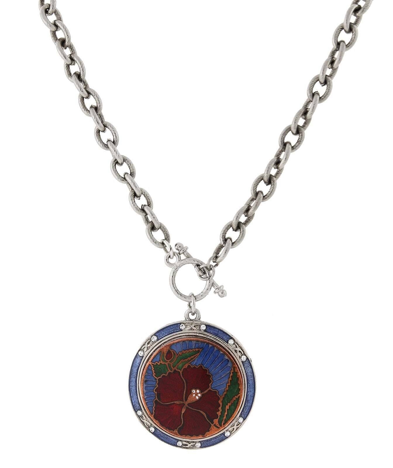 1928 Jewelry Blue And Red Floral Enamel Medallion Toggle Pendant Necklace 20"