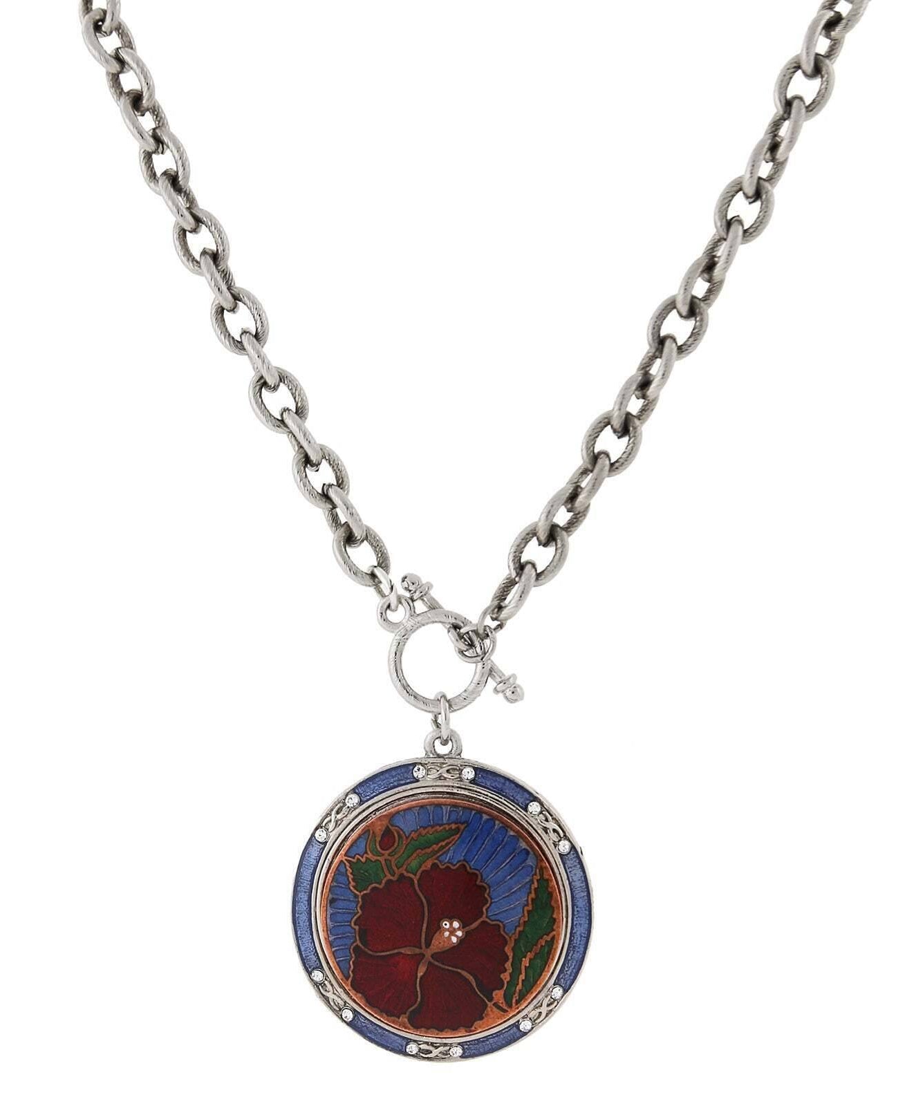 1928 Jewelry Blue And Red Floral Enamel Medallion Toggle Pendant Necklace 20"