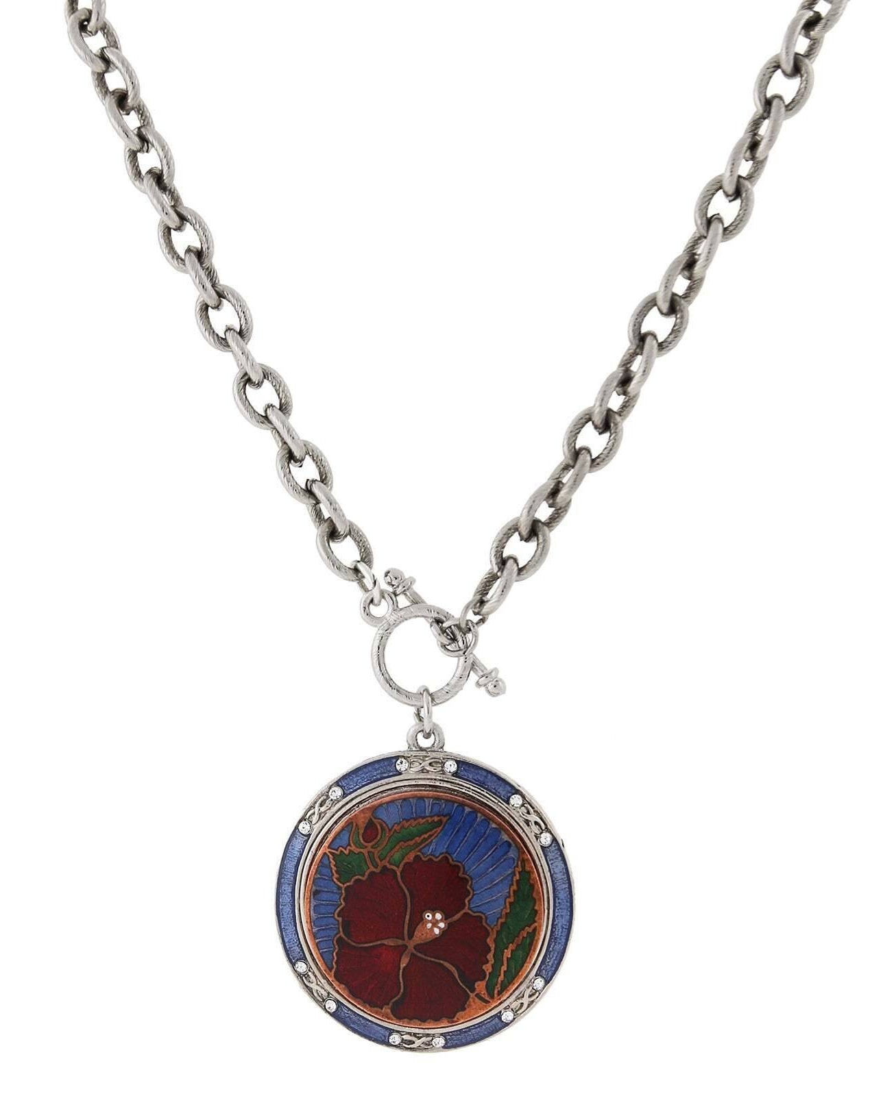 1928 Jewelry Blue And Red Floral Enamel Medallion Toggle Pendant Necklace 20"