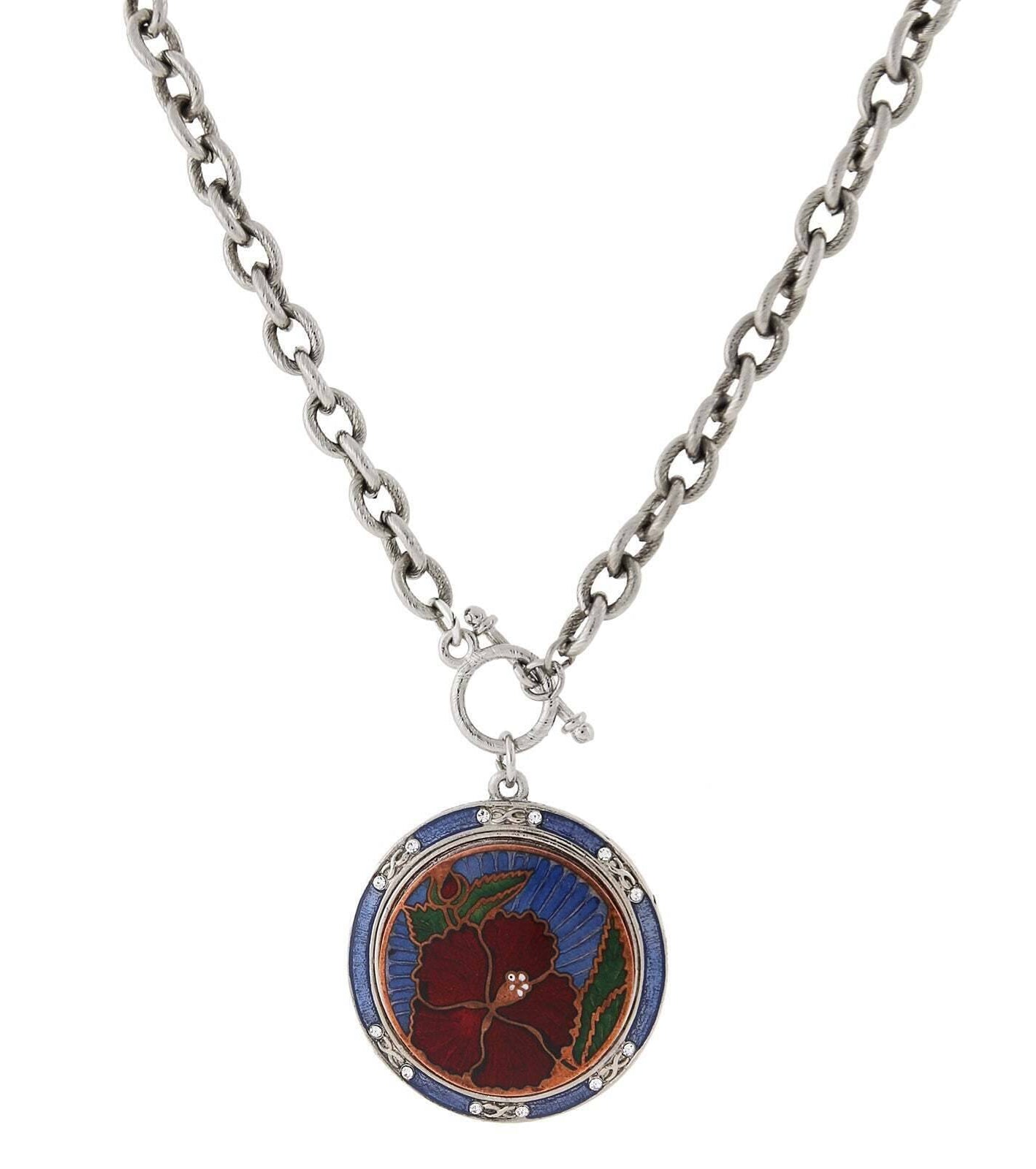1928 Jewelry Blue And Red Floral Enamel Medallion Toggle Pendant Necklace 20"