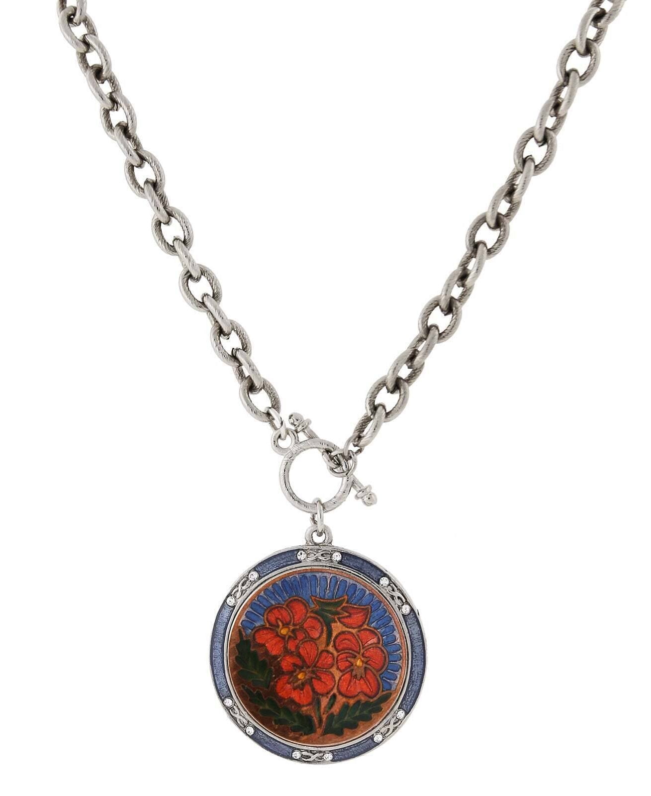 1928 Jewelry Blue And Orange Floral Enamel Medallion Toggle Pendant Necklace 20"