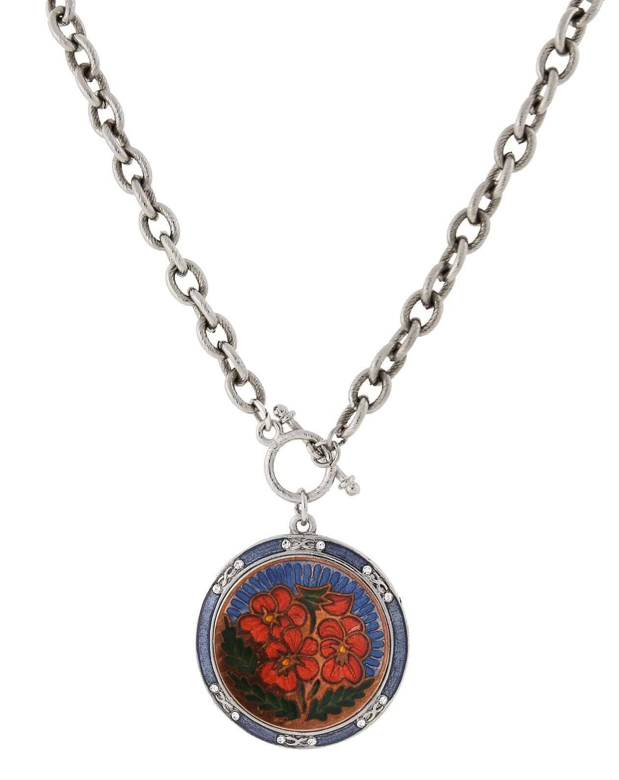 1928 Jewelry Blue And Orange Floral Enamel Medallion Toggle Pendant Necklace 20"