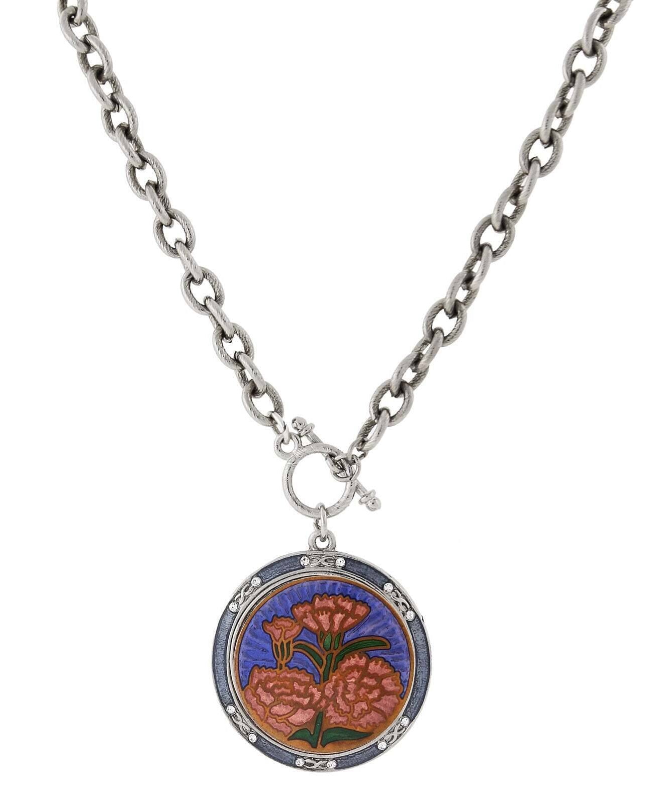 1928 Jewelry Blue and Orange Floral Enamel Medallion Toggle Pendant Necklace 20