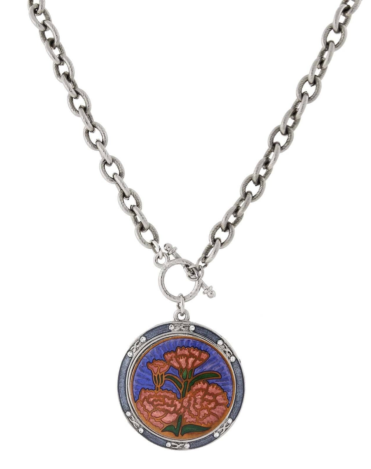 1928 Jewelry Blue and Orange Floral Enamel Medallion Toggle Pendant Necklace 20