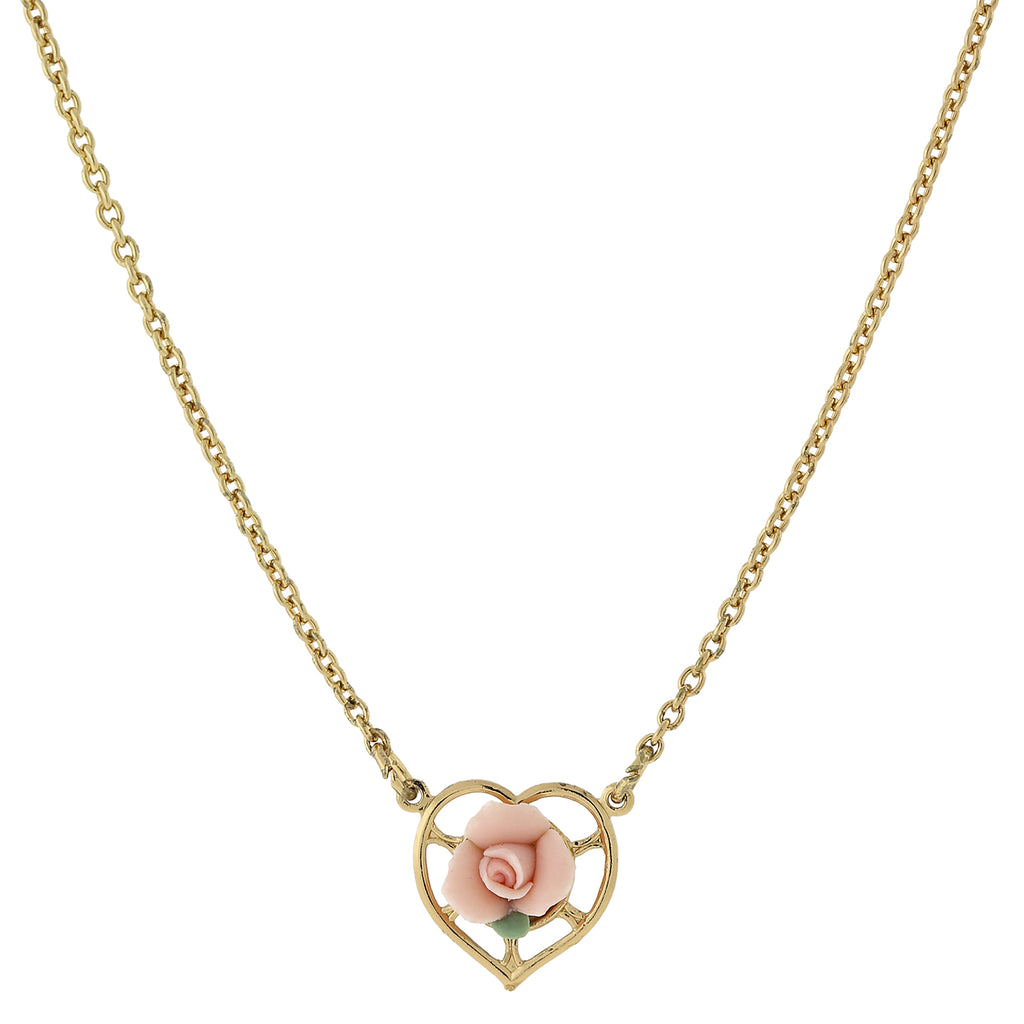 14K Gold Dipped Porcelain Rose Heart Necklace 16 In Pink