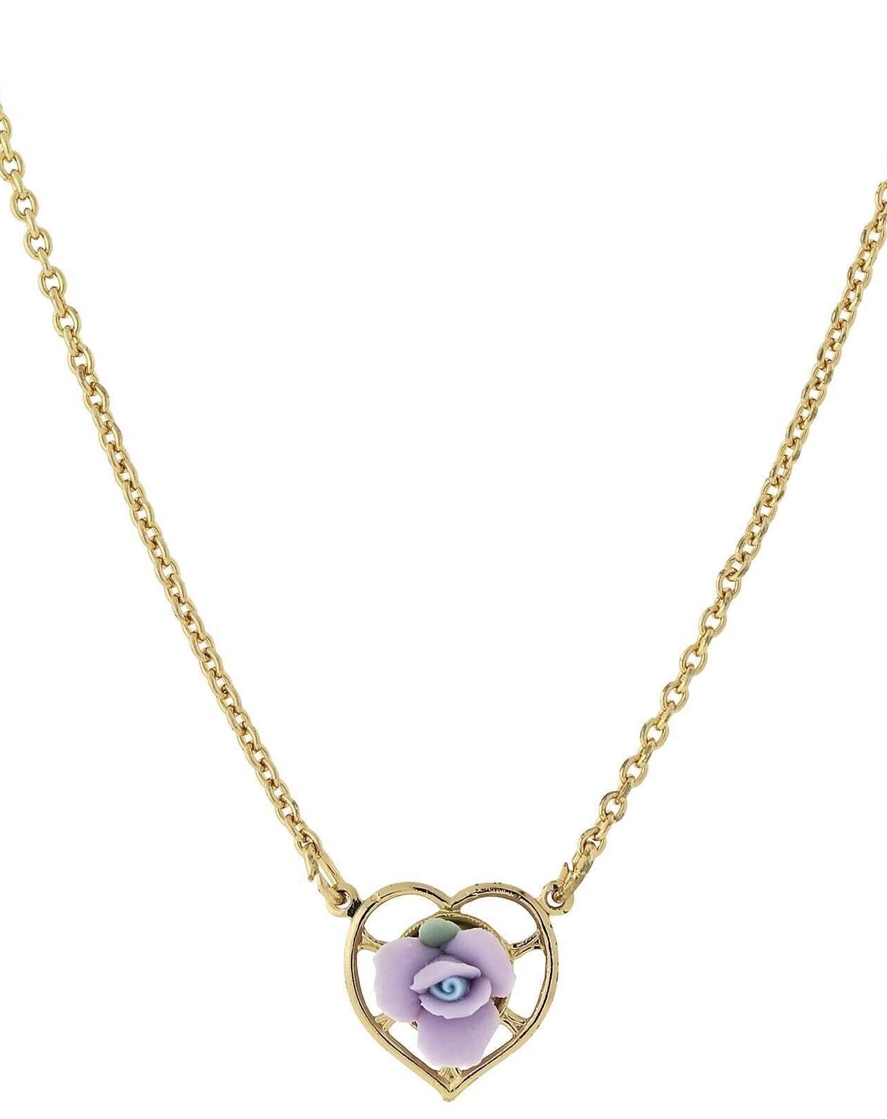 1928 Jewelry Porcelain Rose Heart Pendant Necklace 16" + 3" Extender