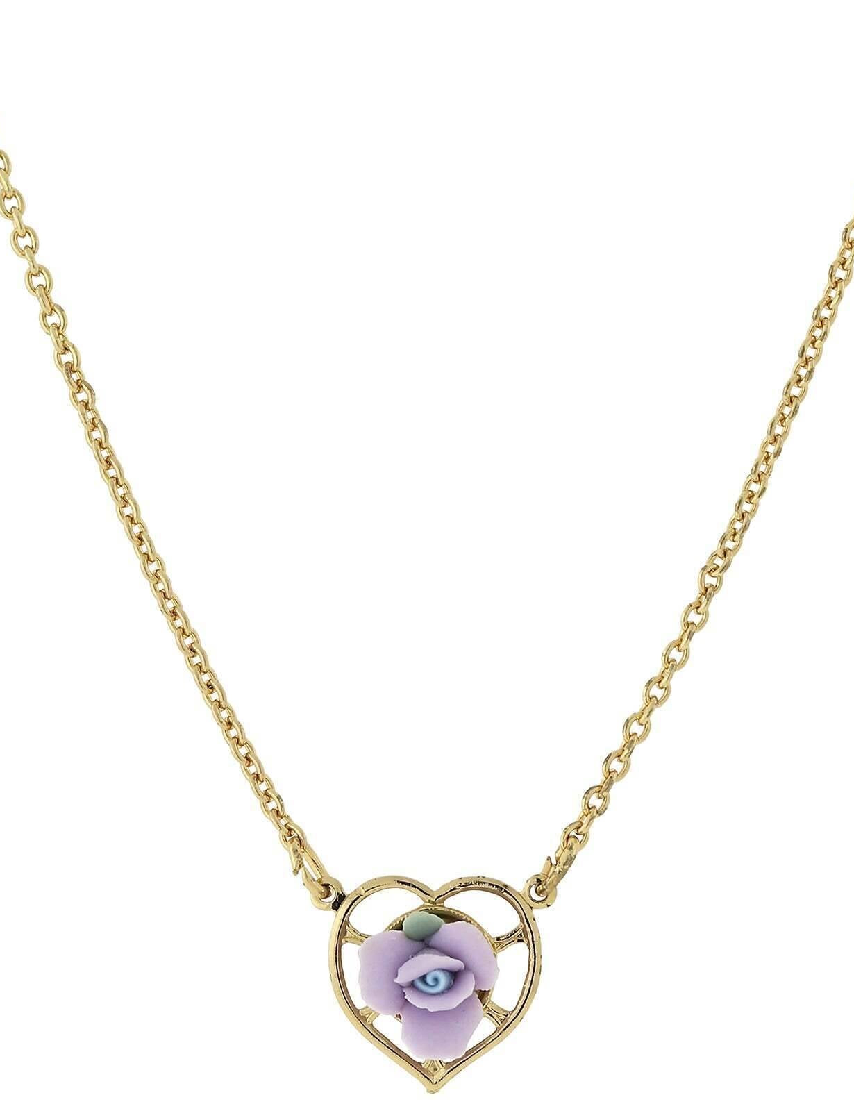 1928 Jewelry Porcelain Rose Heart Pendant Necklace 16" + 3" Extender