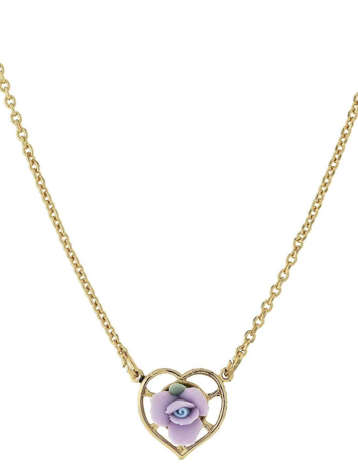 1928 Jewelry Porcelain Rose Heart Pendant Necklace 16" + 3" Extender