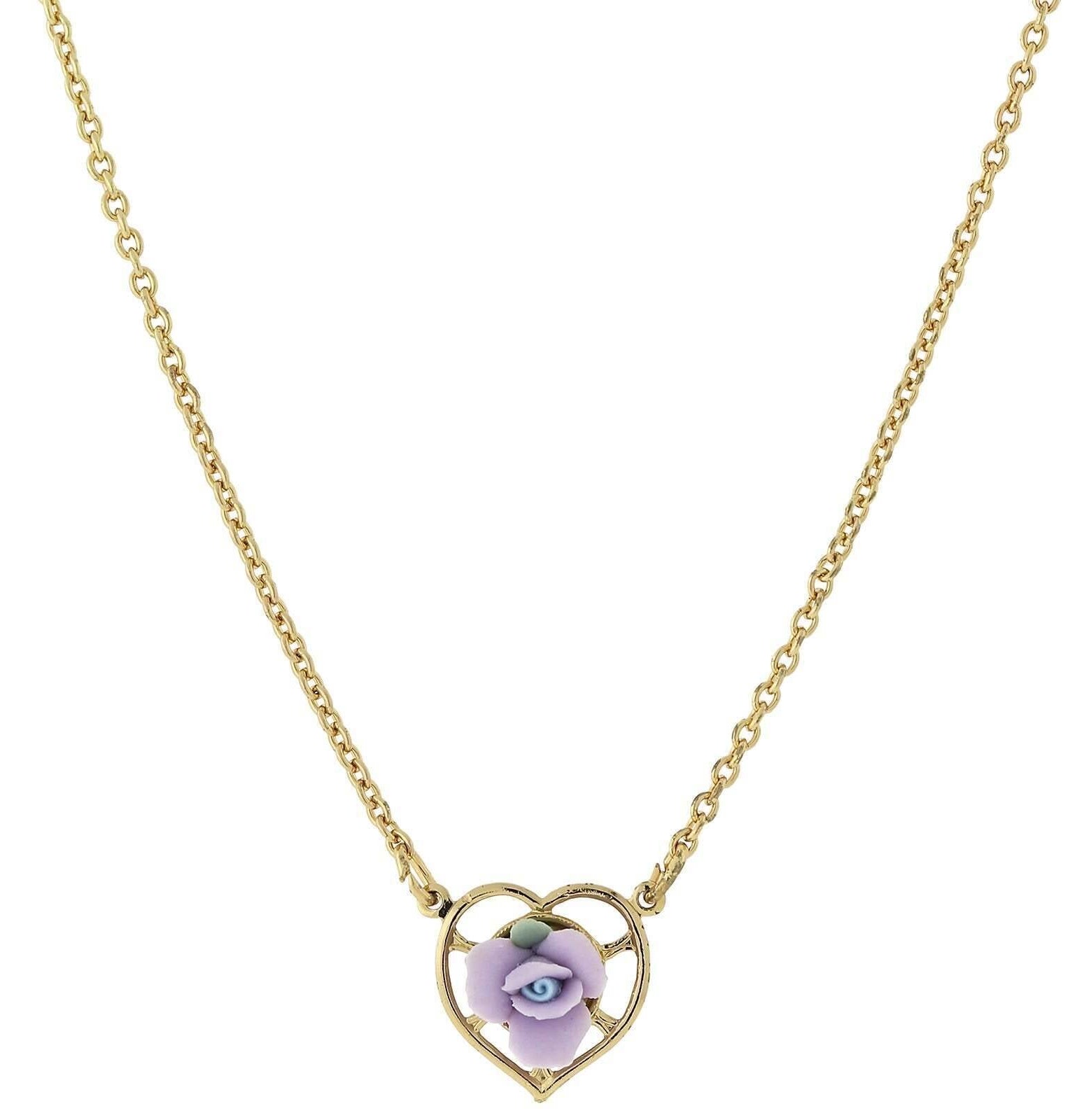 1928 Jewelry Porcelain Rose Heart Pendant Necklace 16" + 3" Extender
