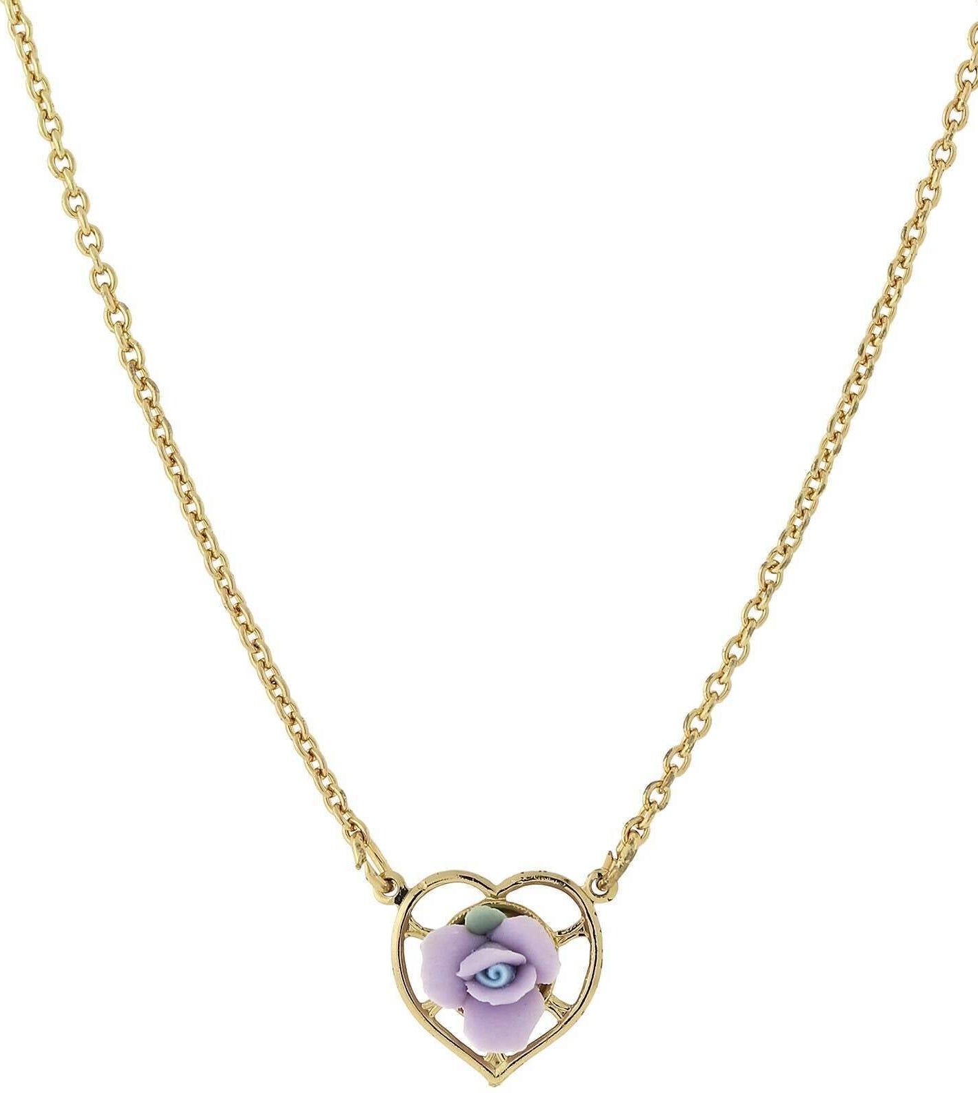 1928 Jewelry Porcelain Rose Heart Pendant Necklace 16" + 3" Extender