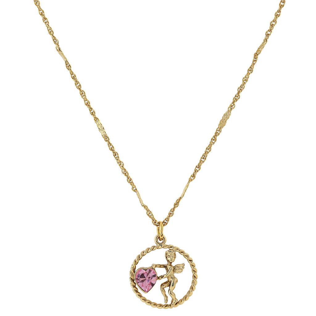 Gold Tone Suspended Cherub Angel And Crystal Heart Necklace Pink