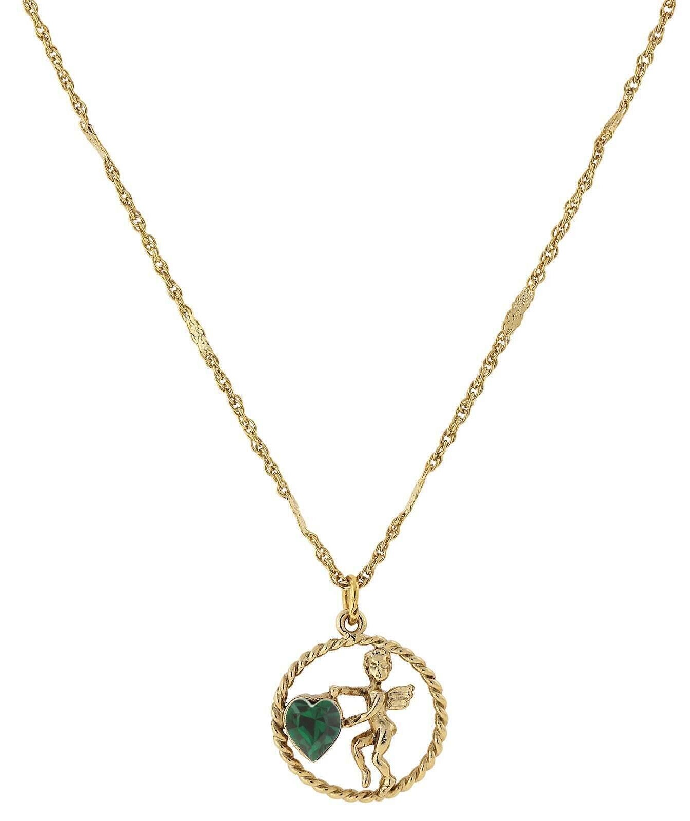 1928 Jewelry Winged Cherub Angel Crystal Heart Pendant Necklace 16" + 3" Extender