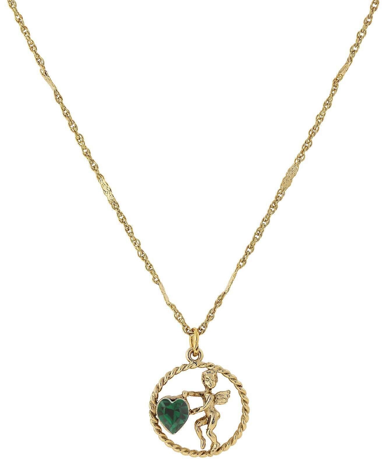 1928 Jewelry Winged Cherub Angel Crystal Heart Pendant Necklace 16" + 3" Extender