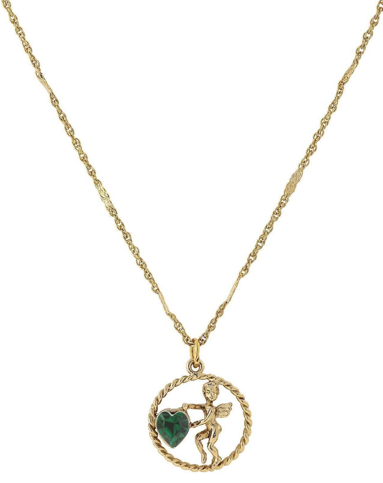 1928 Jewelry Winged Cherub Angel Crystal Heart Pendant Necklace 16" + 3" Extender