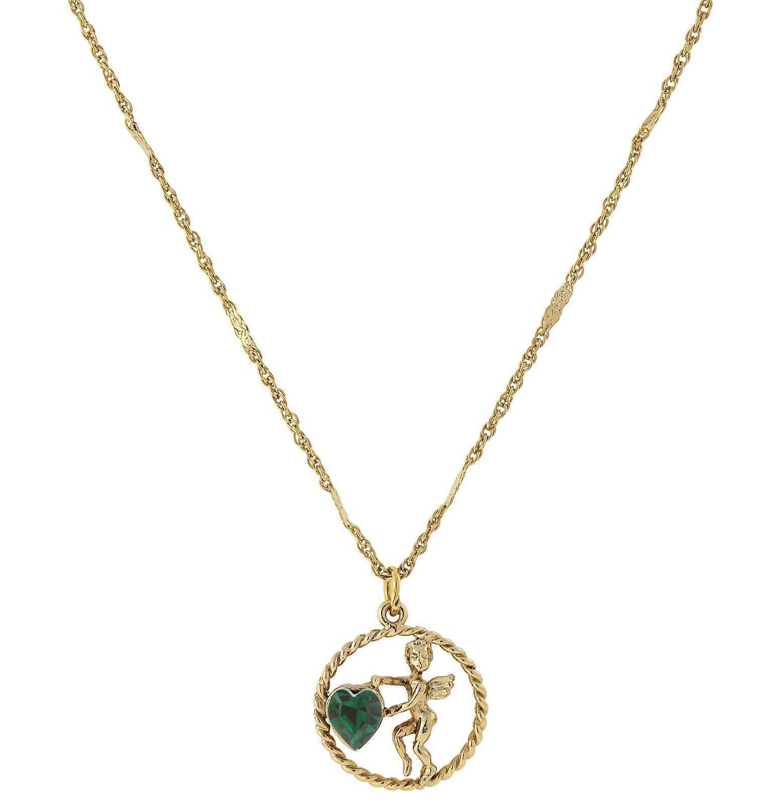 1928 Jewelry Winged Cherub Angel Crystal Heart Pendant Necklace 16" + 3" Extender