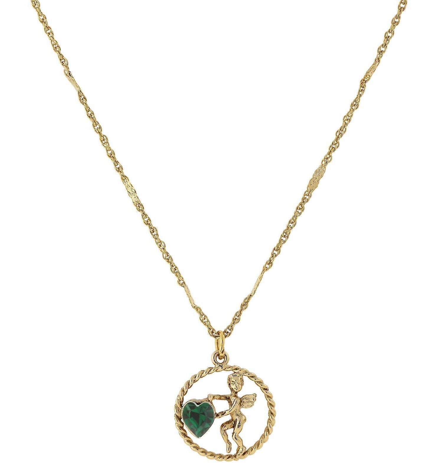 1928 Jewelry Winged Cherub Angel Crystal Heart Pendant Necklace 16" + 3" Extender