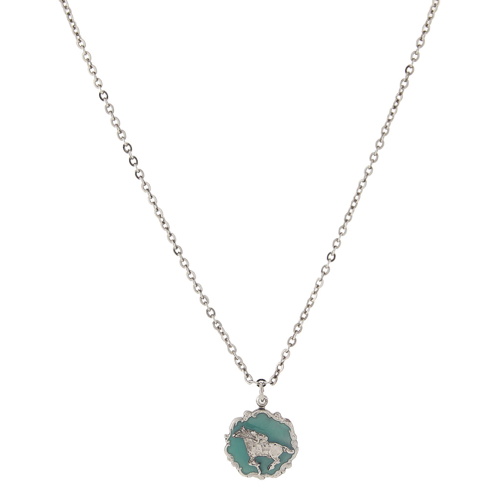 Silver Tone Turquoise Color Enamel Horse Pendant Necklace 16   19 Inch Adjustable