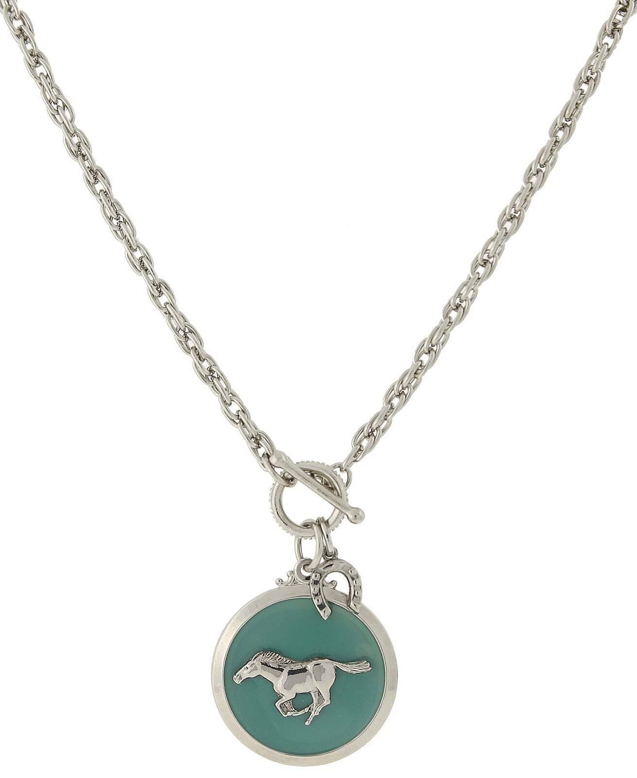 1928 Jewelry Turquoise Color Enamel Horse Pendant Toggle Necklace 18"