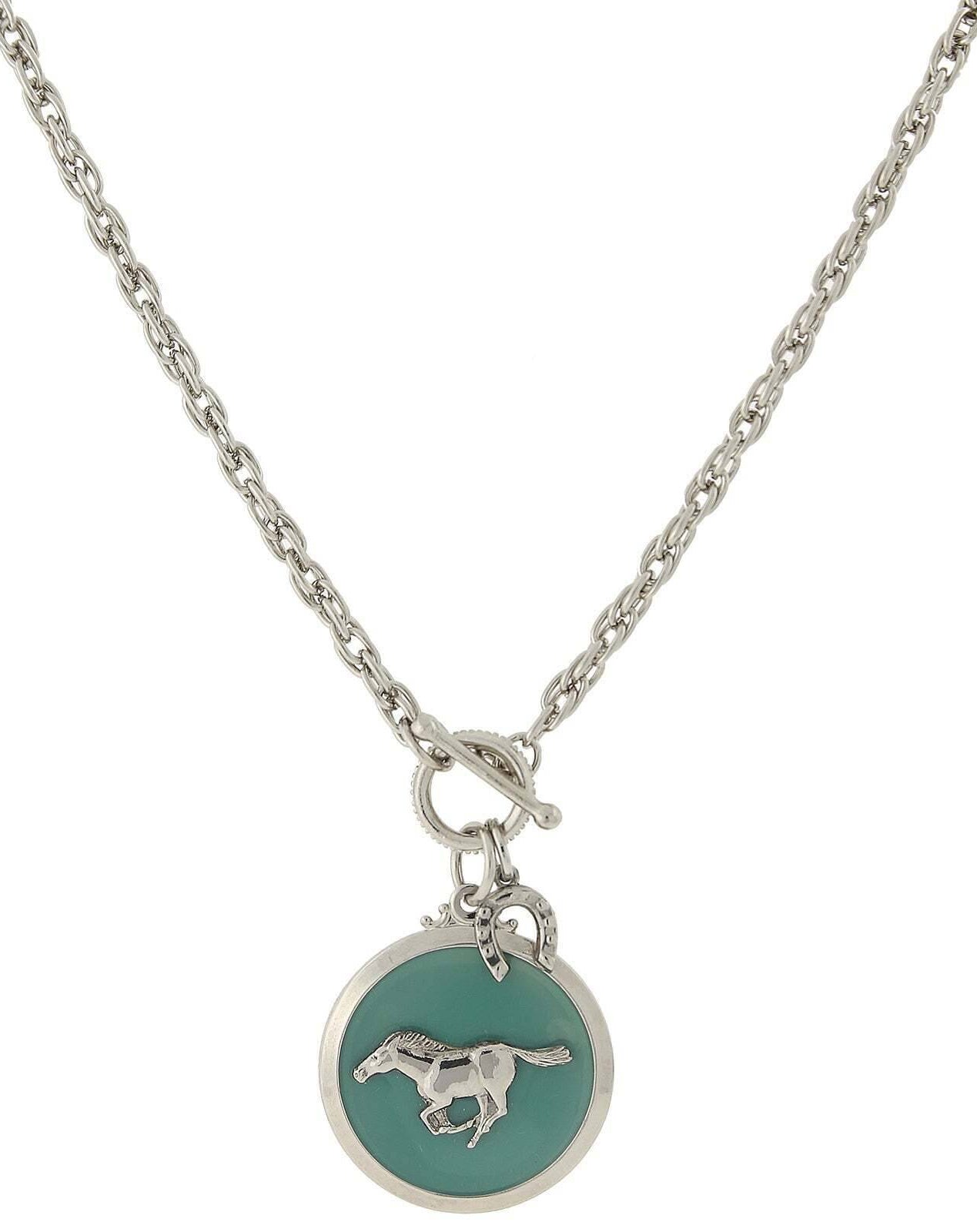 1928 Jewelry Turquoise Color Enamel Horse Pendant Toggle Necklace 18"
